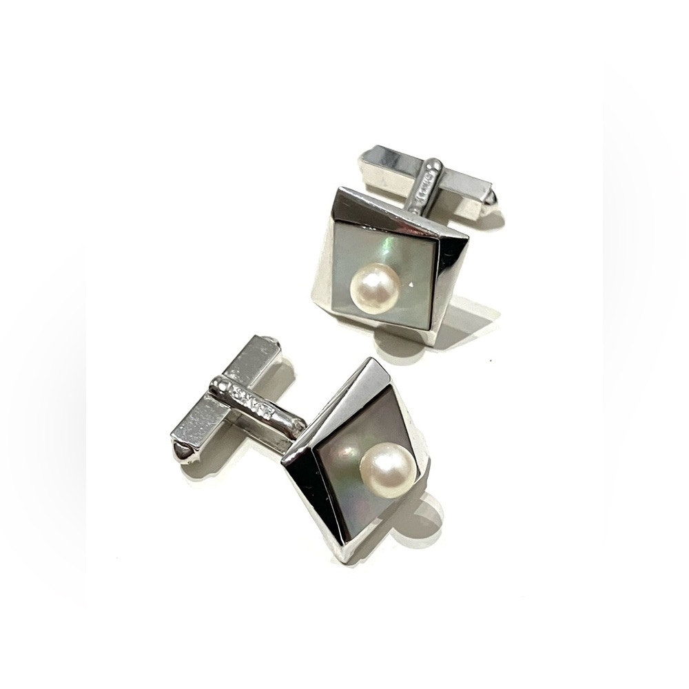 Akoya Pearl Mother of Pearl Square Silver Tone Cuff Links